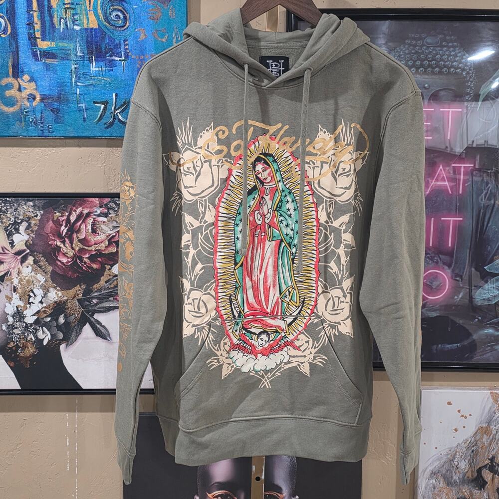 NWT Ed Hardy Y2K Style Deadstock Grunge Saint Maria Green Hoodie Oversized S